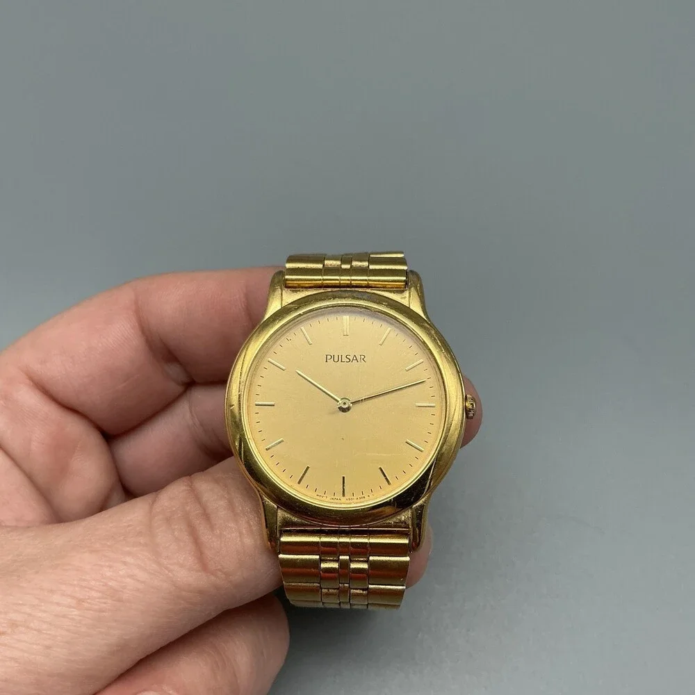 Vintage Pulsar Mens Watch 34mm Gold Tone Round V501-X080 New Battery 7.5